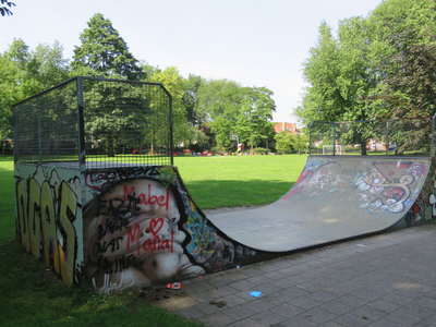 833539 Afbeelding van de skate-halfpipe vol graffiti, in het Majoor Bosshardtplantsoen te Utrecht.